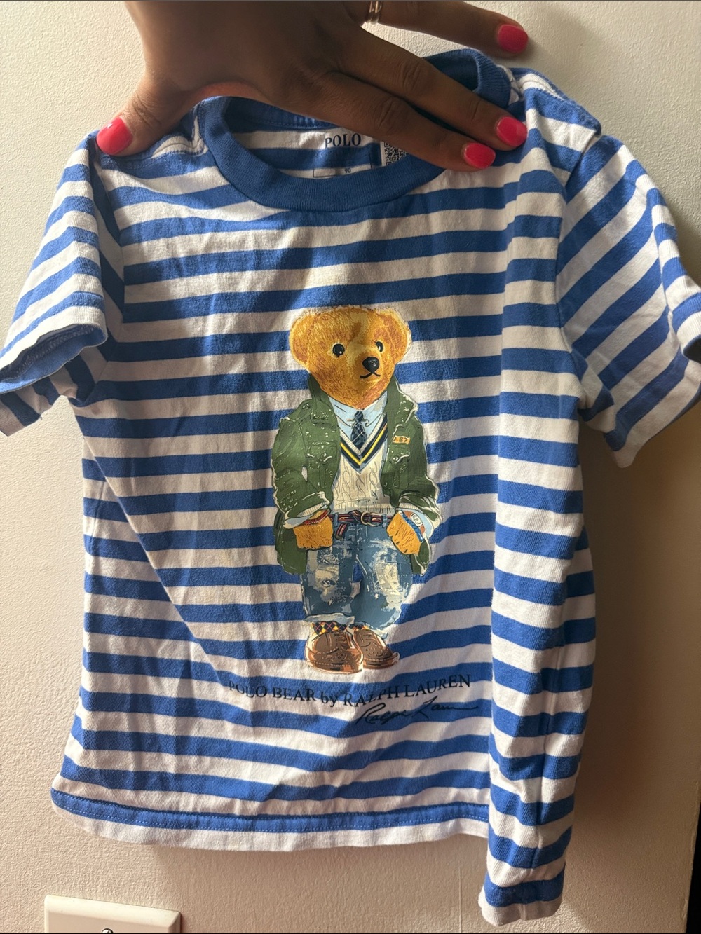 Polo by Ralph Lauren Blue & White Striped Bear Graphic Tee